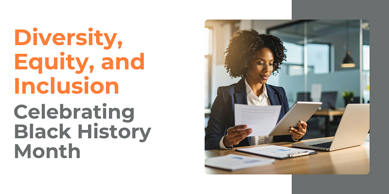 text on white background with blog title "Celebrating Black History Month 2026" and image of Black woman at her work desk looking at papers.