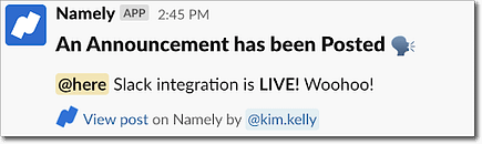 slack integration - Make Instant Company Announcements