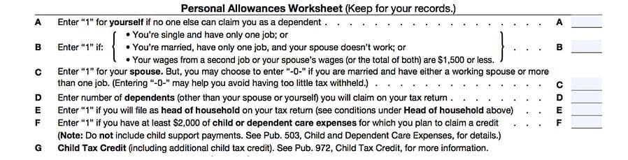 Personal Allowances Worksheet on the Form W-4