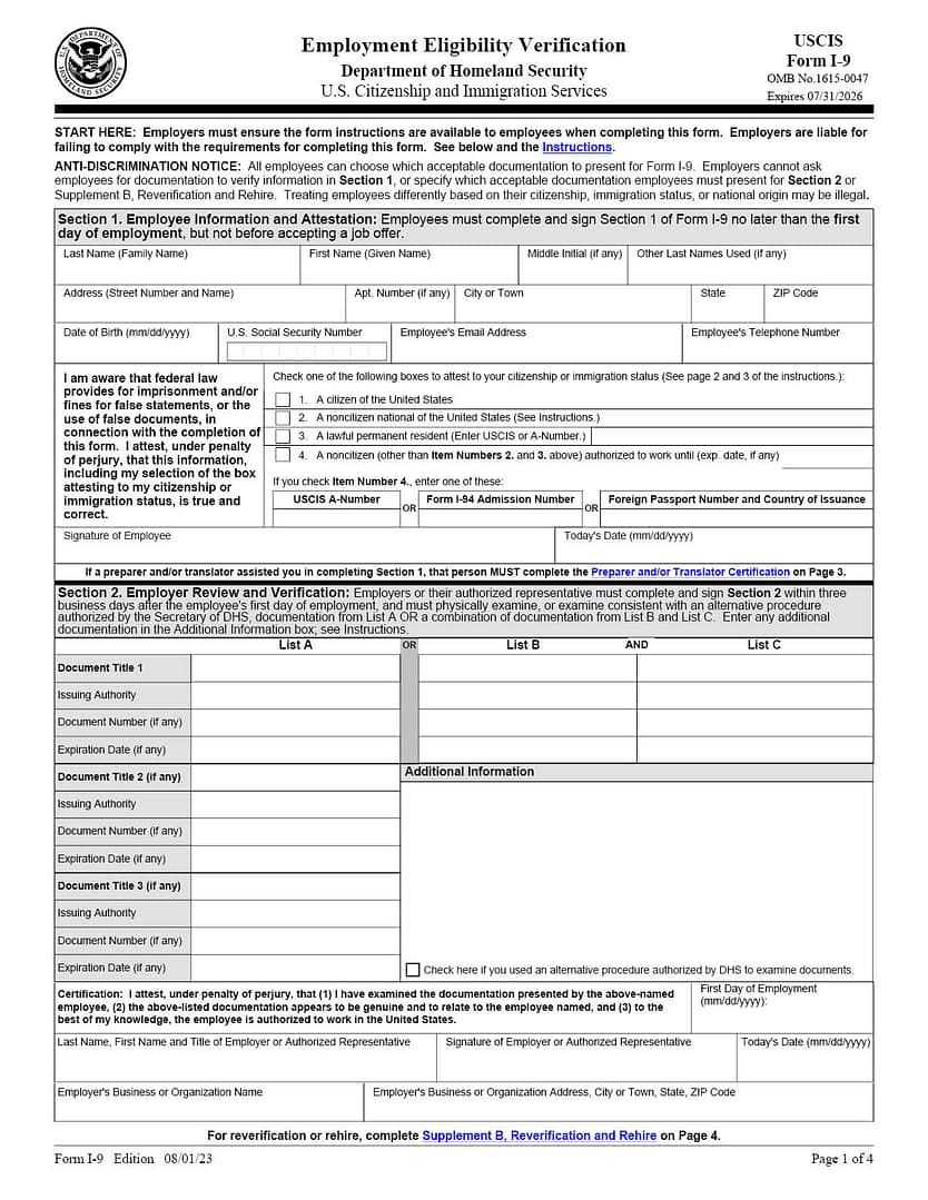 I-9 Employment Eligibility Form - Page 1
