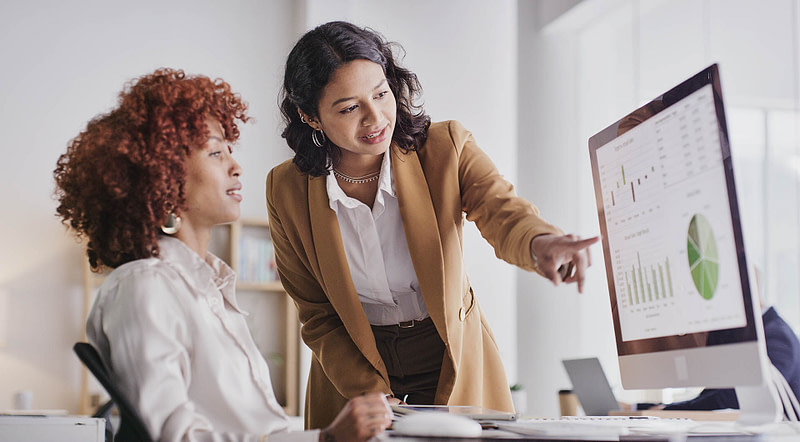 Business people, computer and analytics
